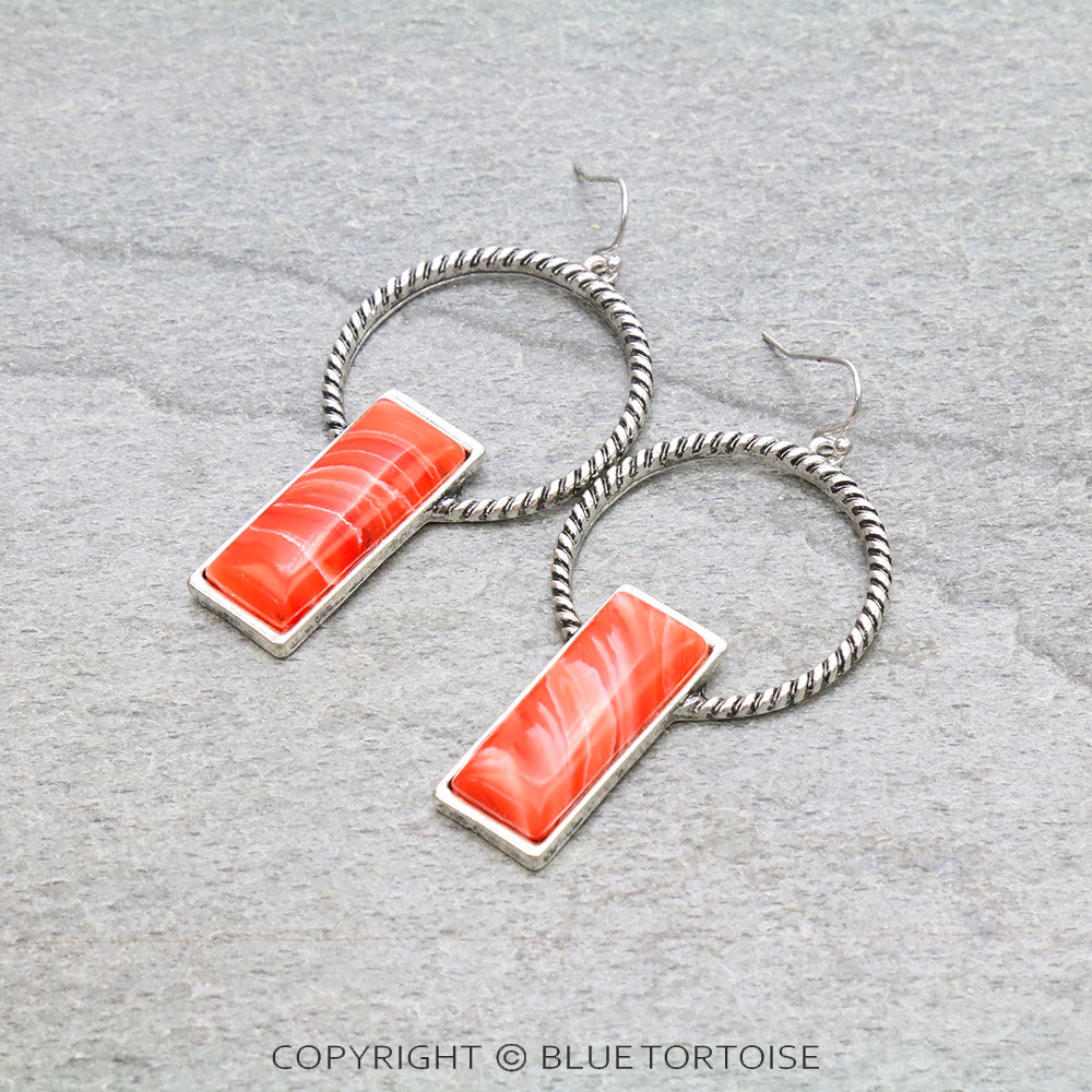 Rectangle Stone Hoop Dangle Earrings