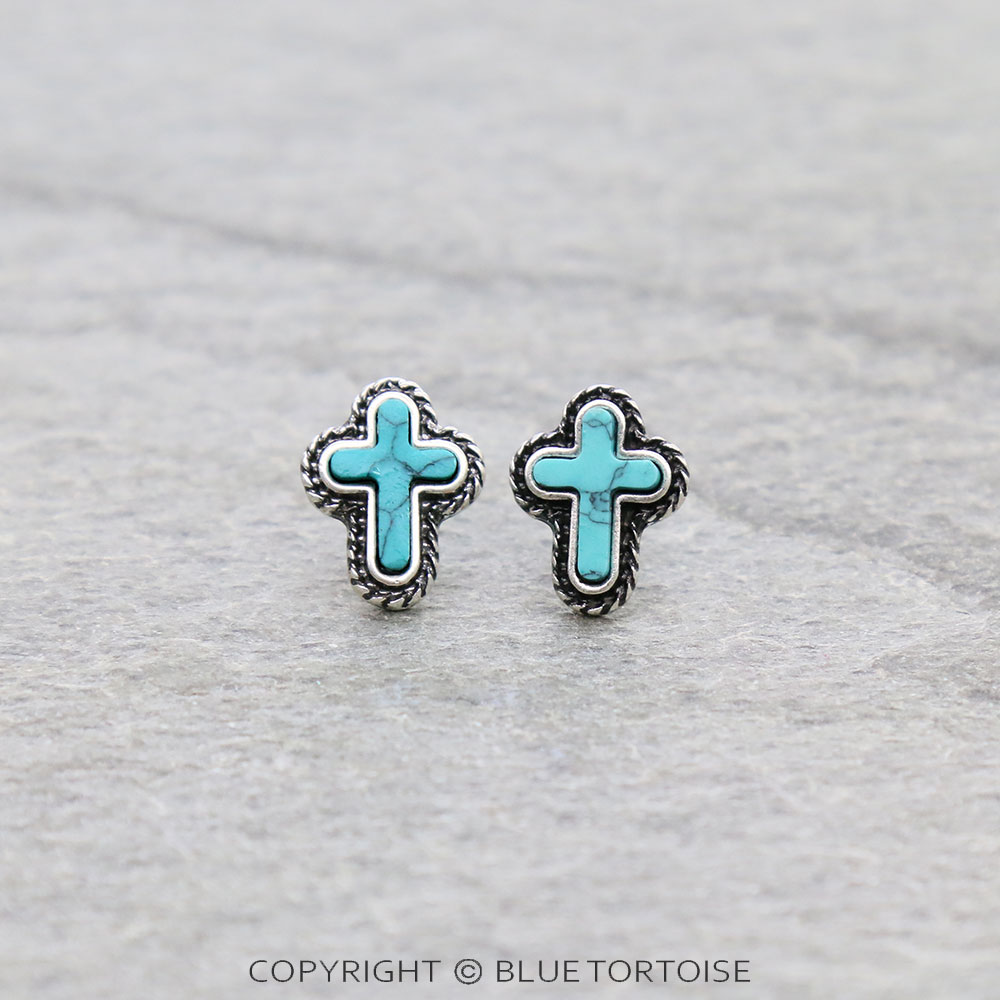 Western Hand Craft Stone Cross Stud Earrings