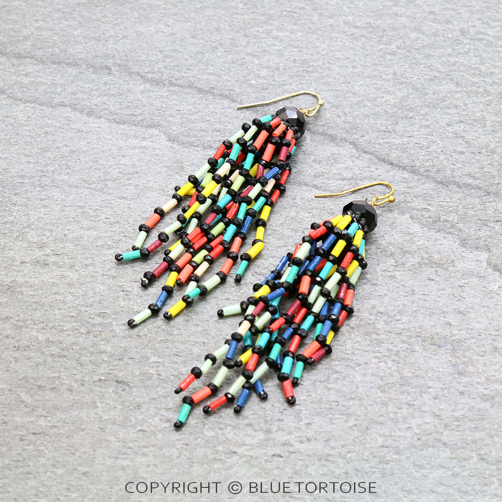 Seed Bead with Glass Bead Fringe Dangle Earrings