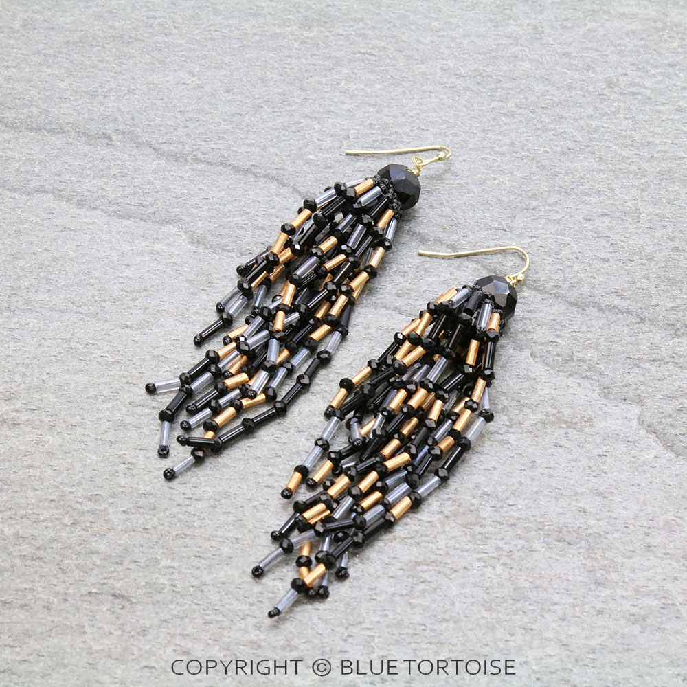 Seed Bead with Glass Bead Fringe Dangle Earrings