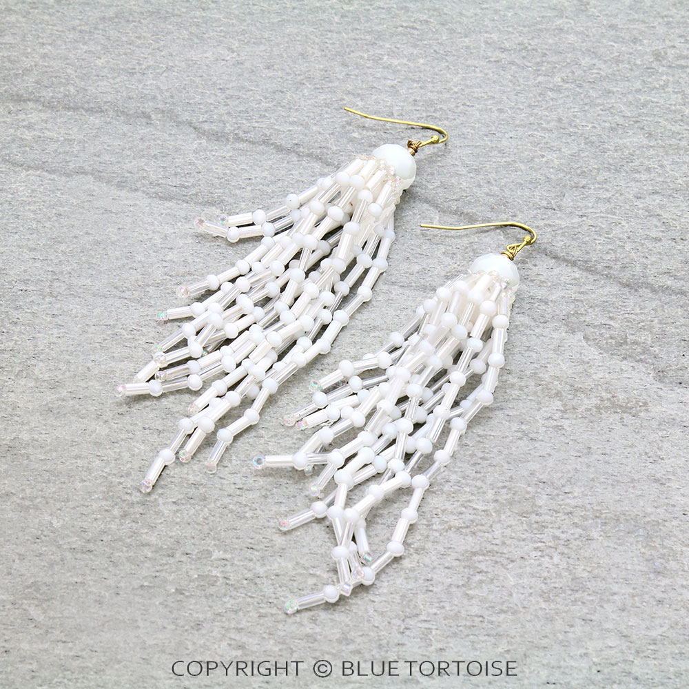 Seed Bead with Glass Bead Fringe Dangle Earrings