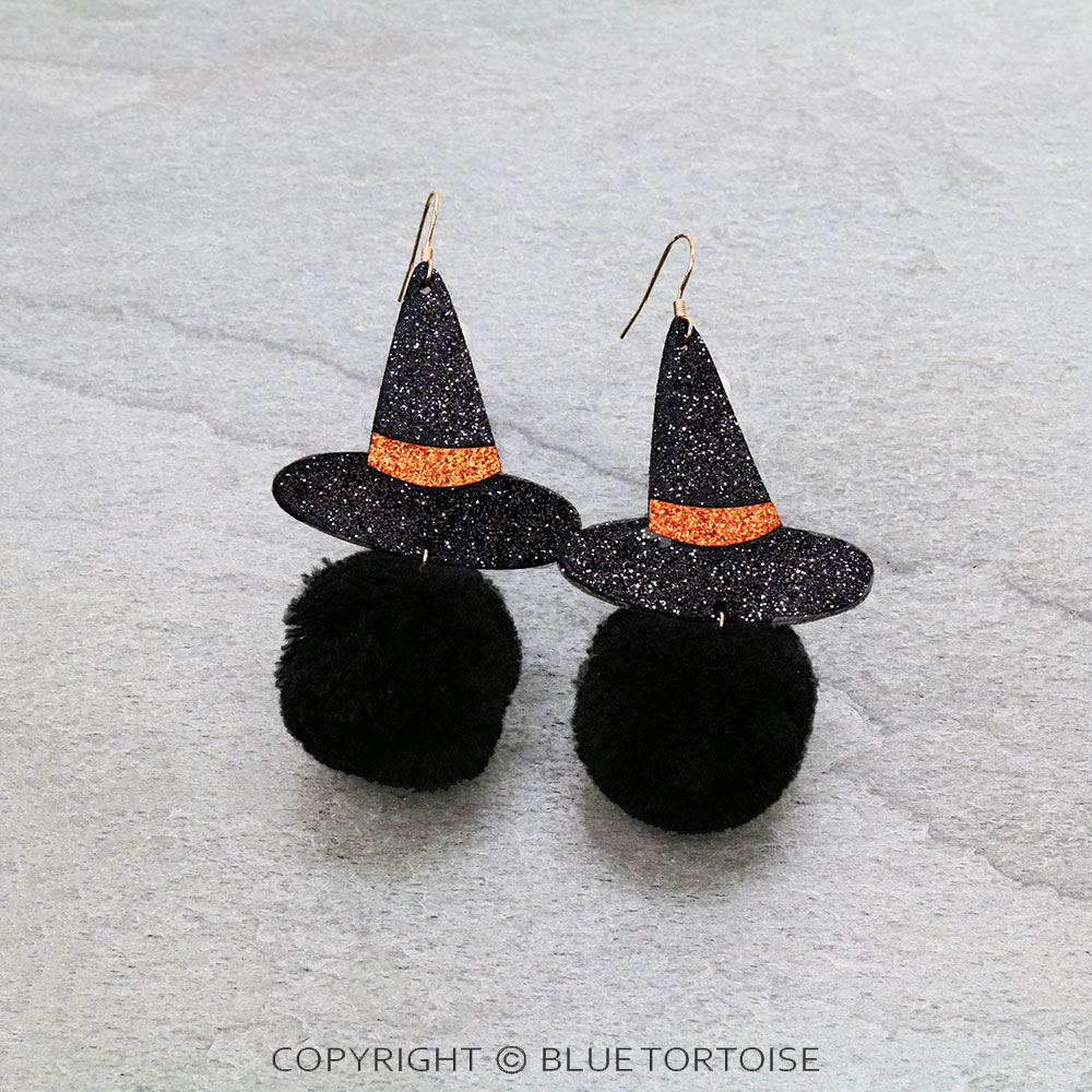 Halloween Glitter Witch Hat with Pom Pom Dangle Earrings