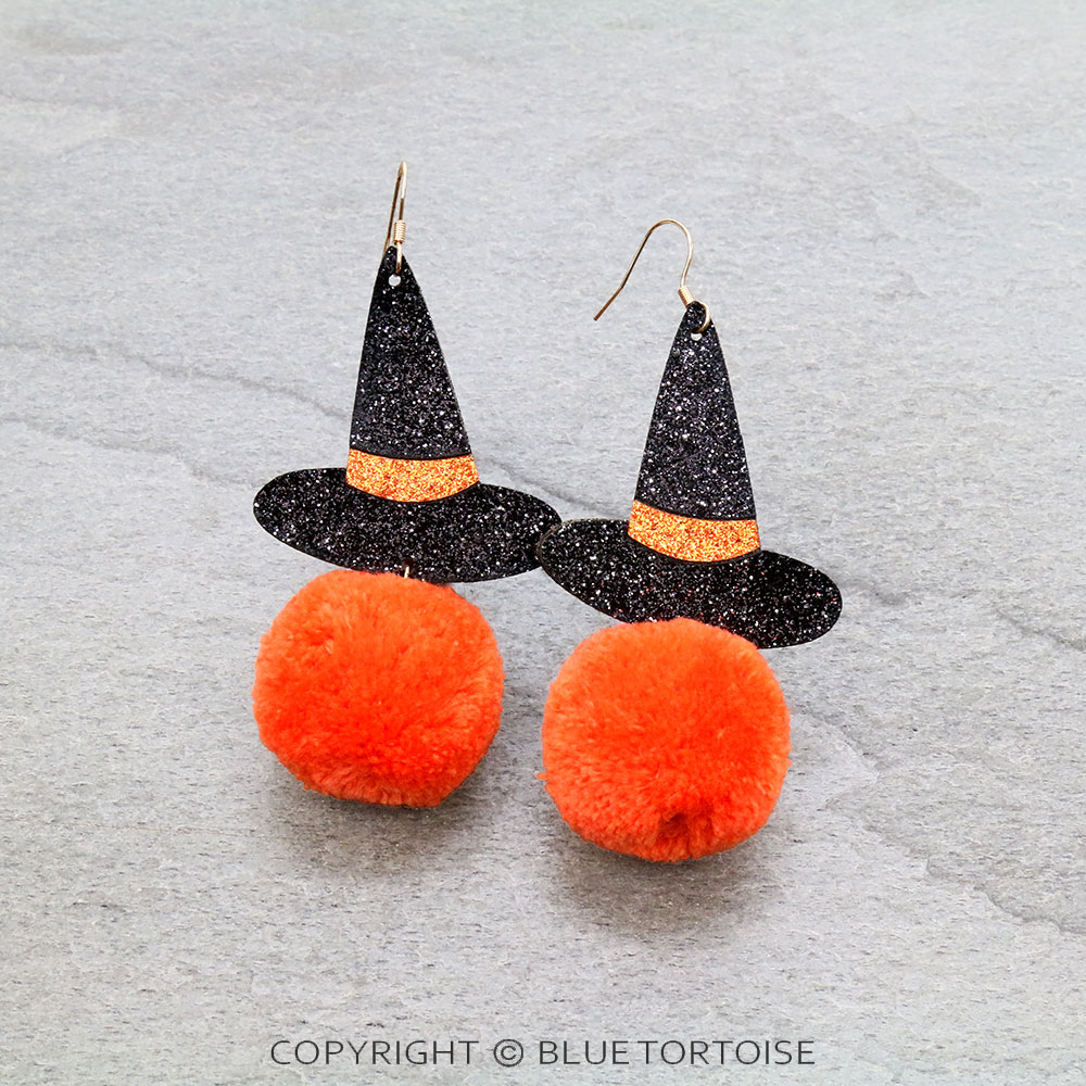Halloween Glitter Witch Hat with Pom Pom Dangle Earrings