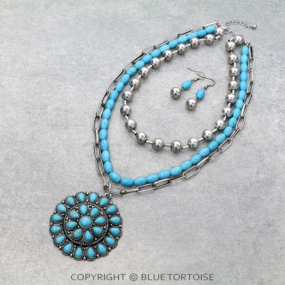 3 Layered Western Concho Stone Necklace Set