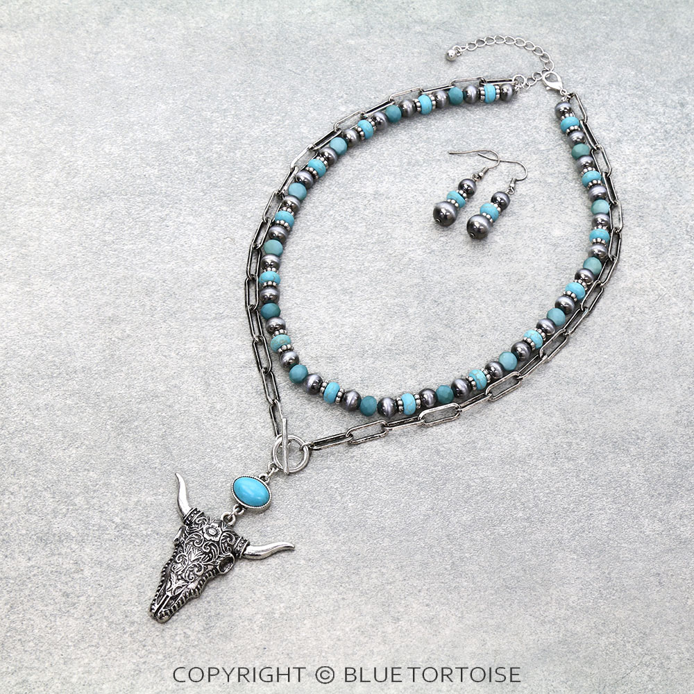 2 Layered Western Steer Skull Necklace Set