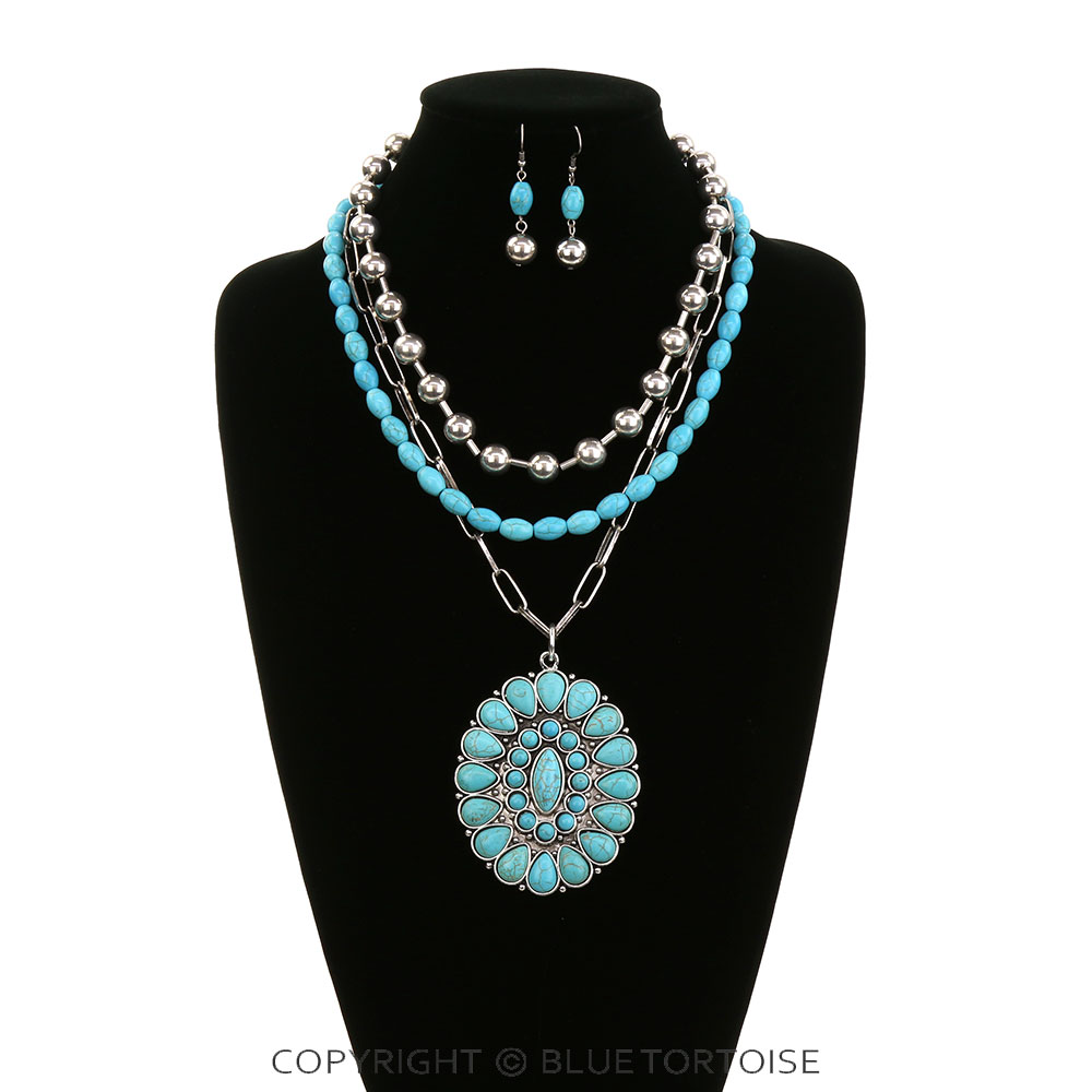 3 Layered Western Concho Stone Necklace Set - Image 2