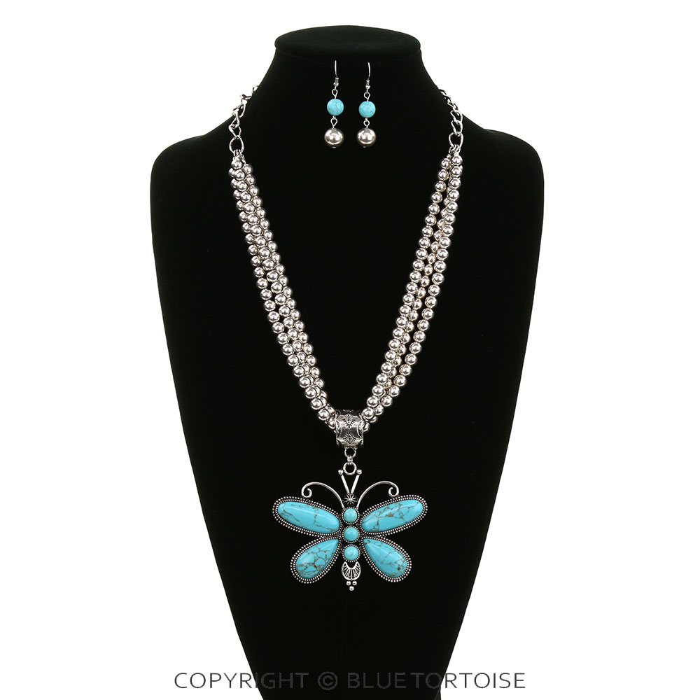 Western Butterfly Pendant Layered Necklace Set - Image 2