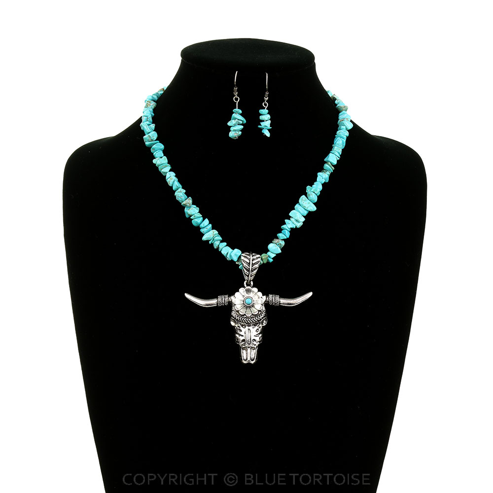 Western Steer Skull Chip Stone Necklace Set - Image 2