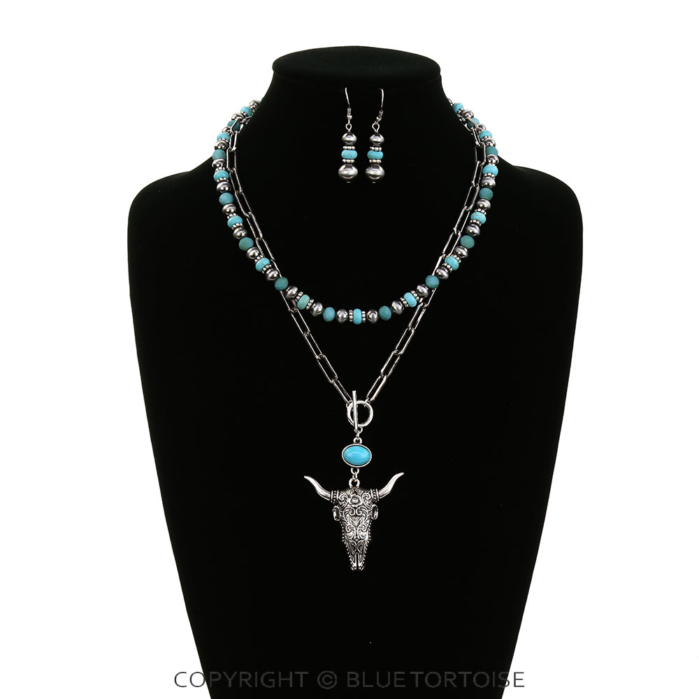 2 Layered Western Steer Skull Necklace Set - Image 2