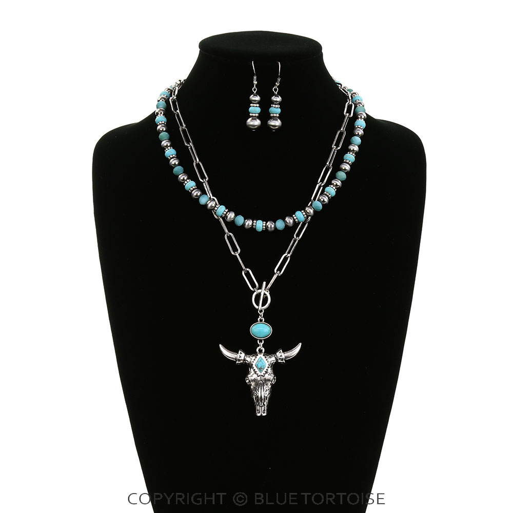 2 Layered Western Steer Skull Necklace Set - Image 2