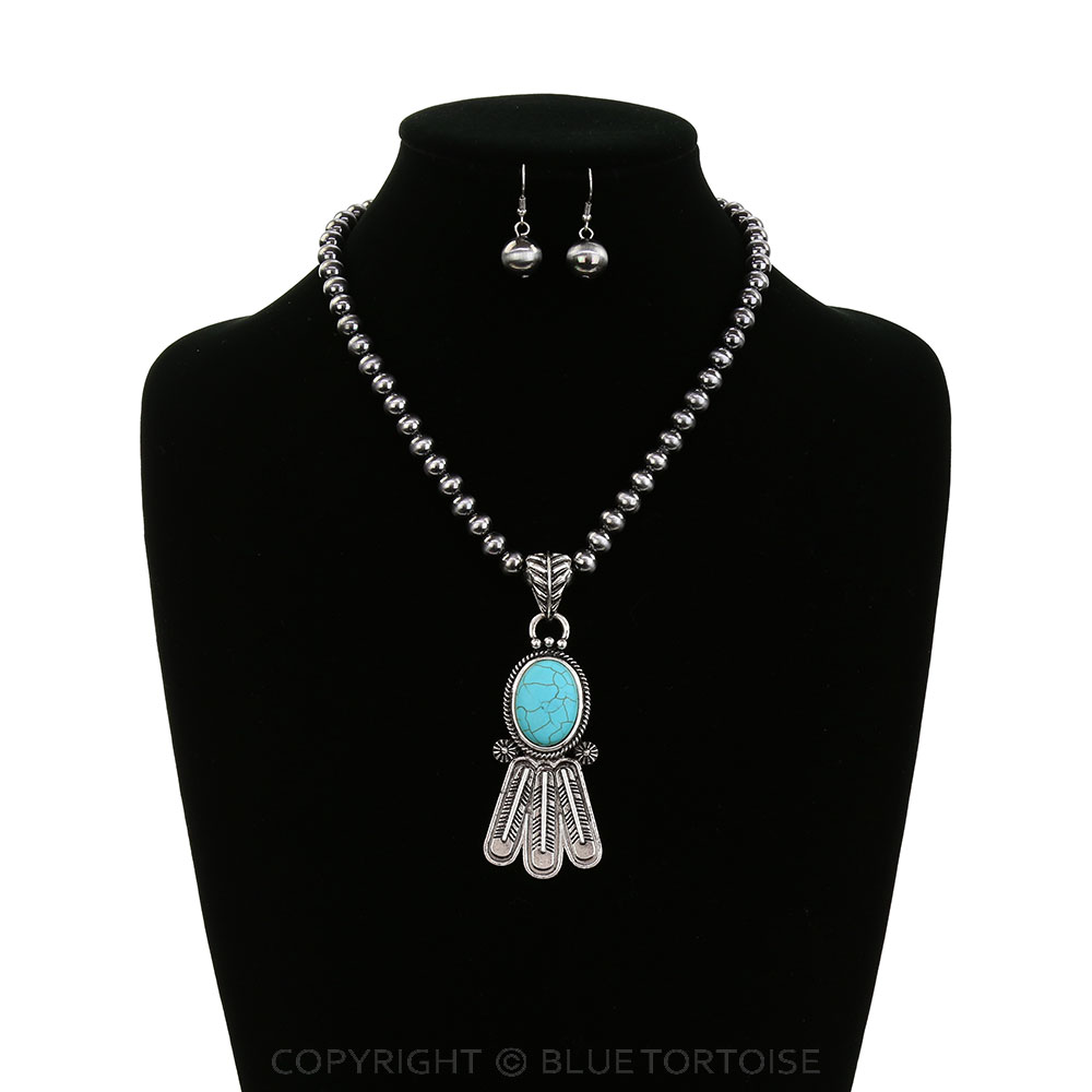 Western Feather Stone Pendant Necklace Set - Image 2