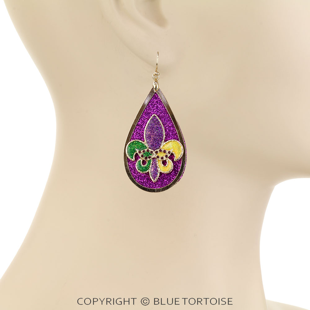Mardi Gras/Fleur De Lis Teardrop Dangle Earrings - Image 2