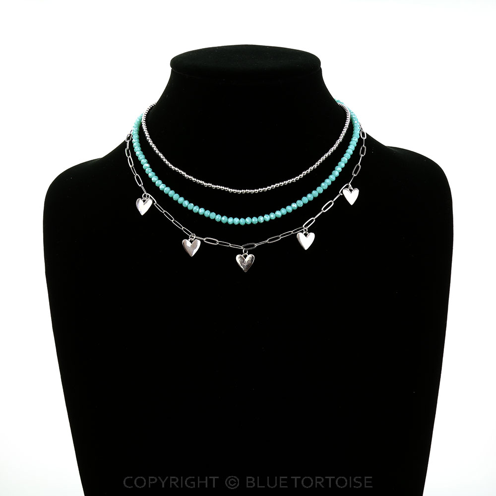 3 Row Mixed Beaded Heart Paperclip Chain Necklace - Image 2