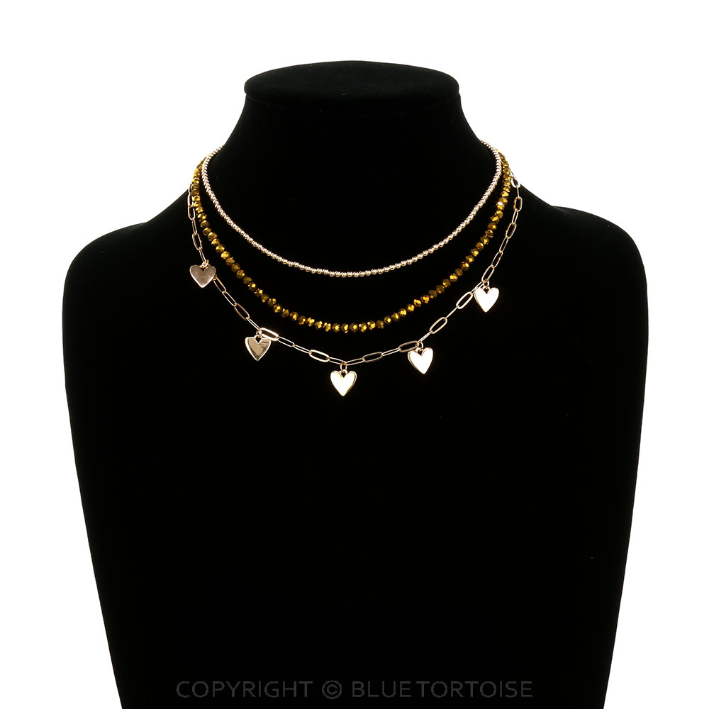 3 Row Mixed Beaded Heart Paperclip Chain Necklace - Image 2