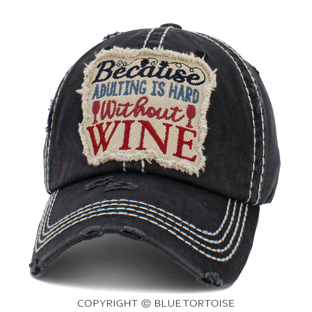 "Because Adulting Is Hard Without Wine" Washed Vintage Ballcap - Image 2