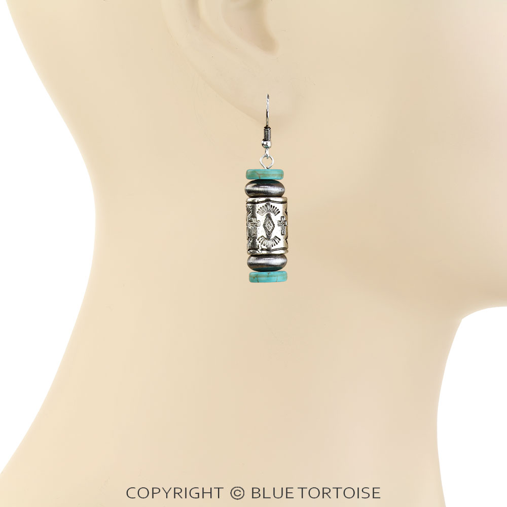 Navajo Style Pearl & Barrel Dangle Earrings - Image 2