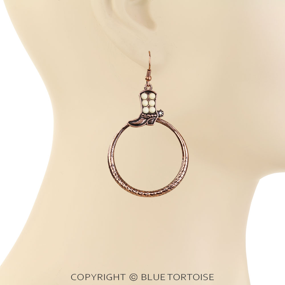 Western Boot Stone Round Dangle Earrings - Image 2