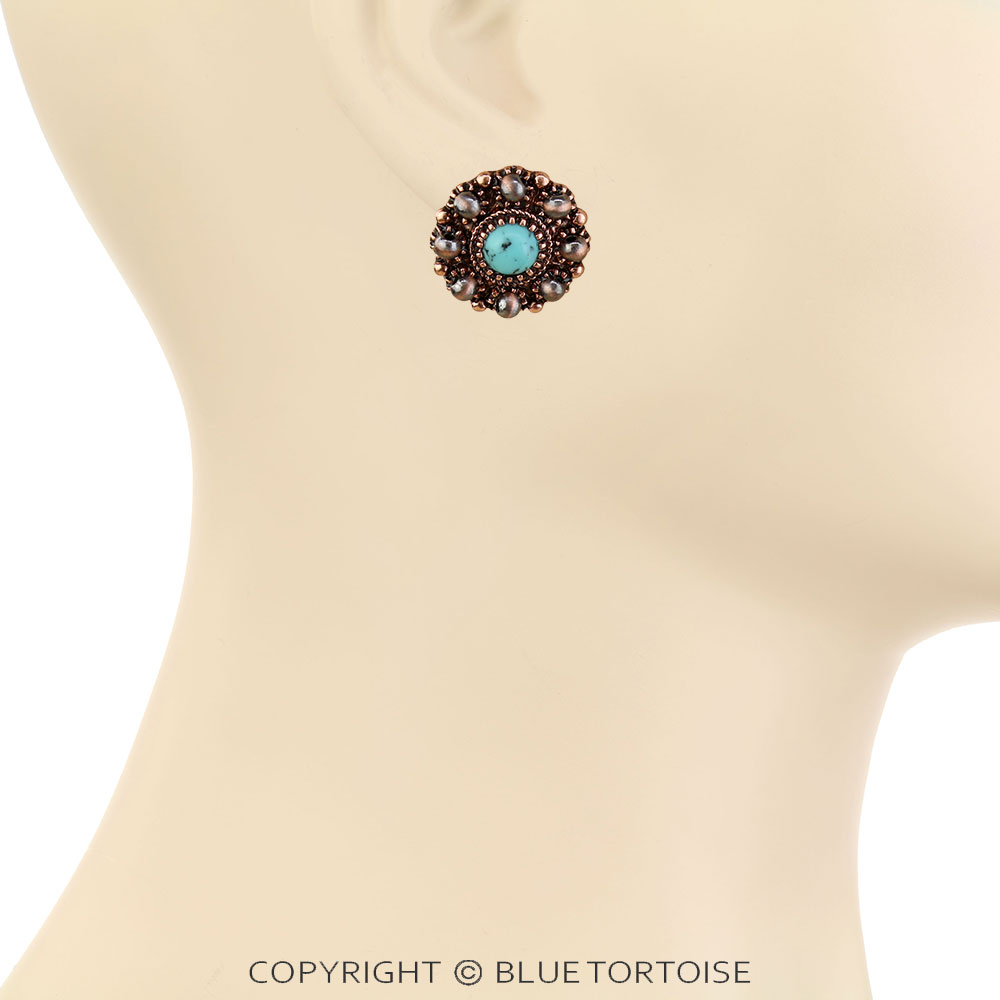 Navajo Style Pearl Round Stone Stud Earrings - Image 2