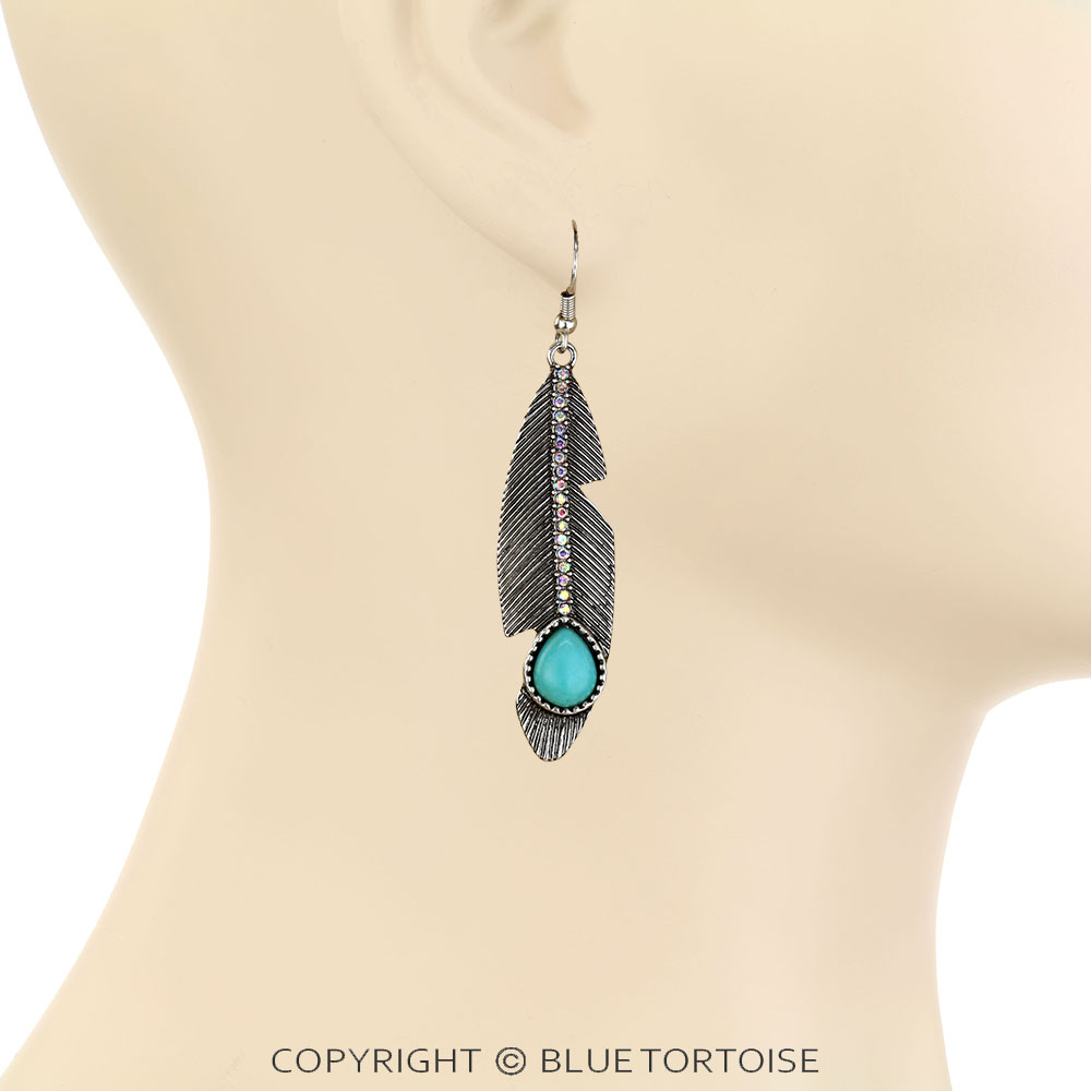 Western Feather Stone Dangle Earrings - Image 2