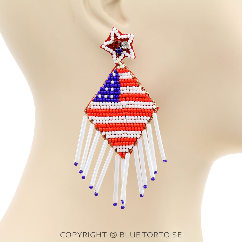 4.25" USA Flag Seed Bead Stud Earrings - Image 2