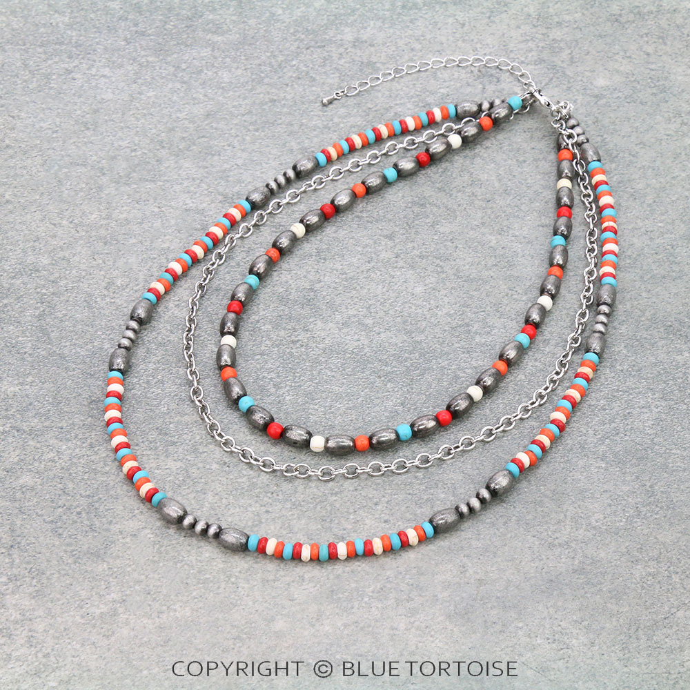 Navajo Style Pearl and Bead Layered Necklace