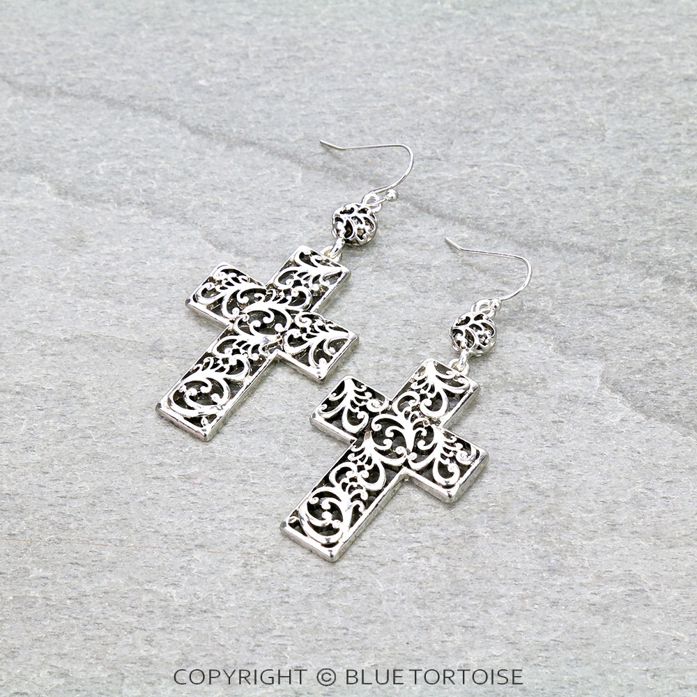 Tailored Filigree Cross Dangle Earrings