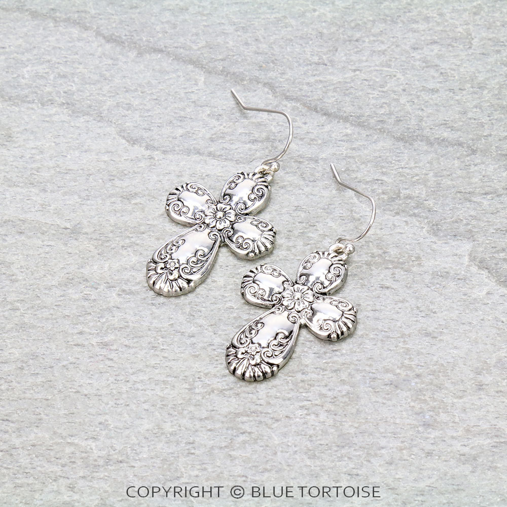 Tailored Flower Cross Dangle Earrings