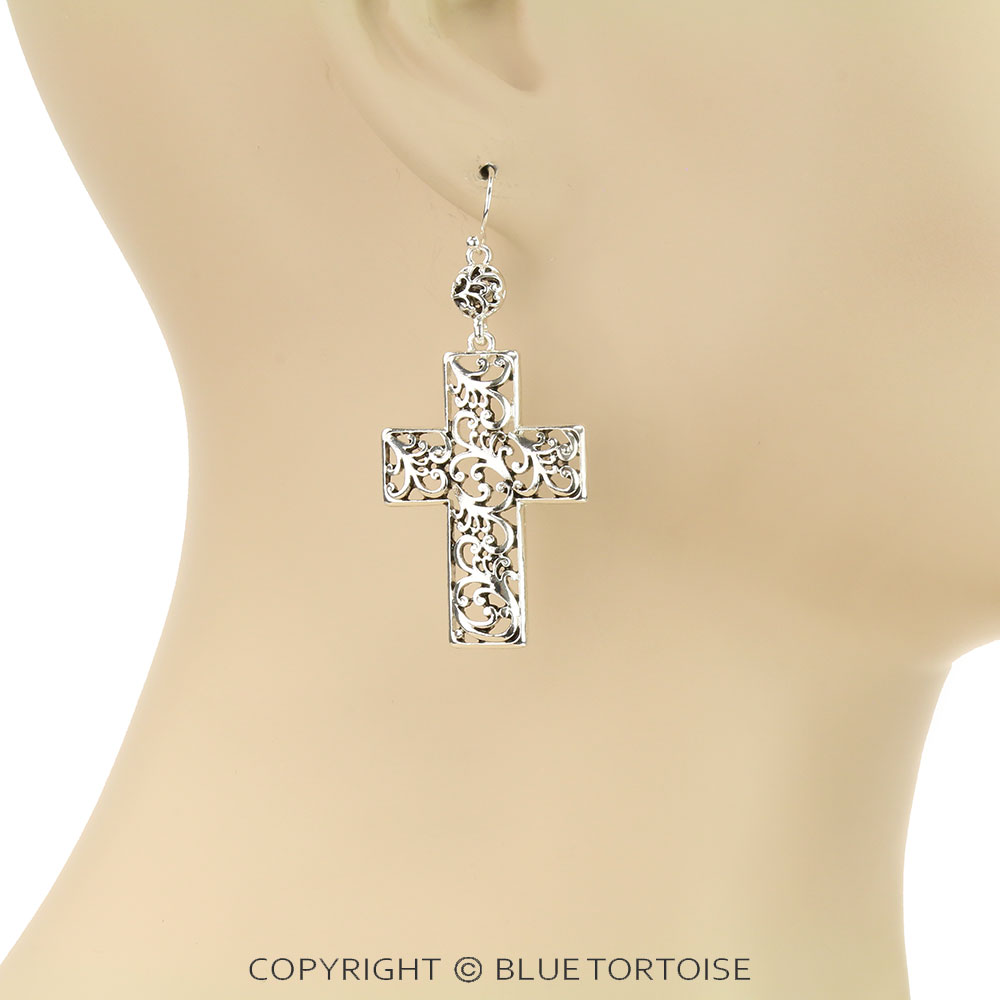 Tailored Filigree Cross Dangle Earrings - Image 2