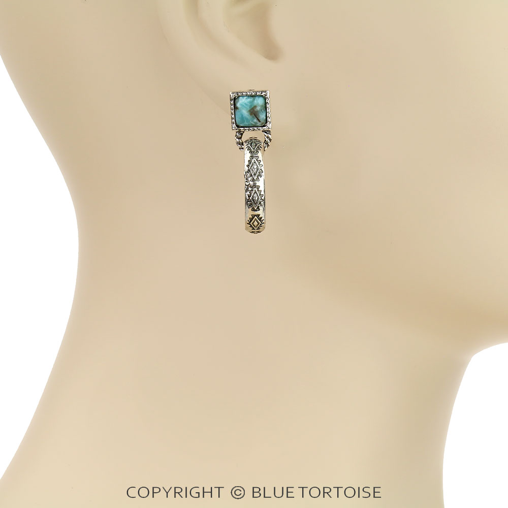 Western Square Stone with Aztec Hoop Stud Earrings - Image 2