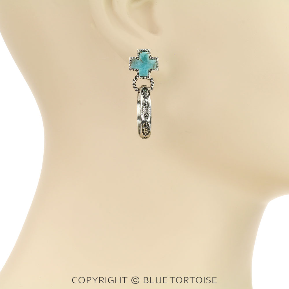 Western Cross Stone with Aztec Hoop Stud Earrings - Image 2