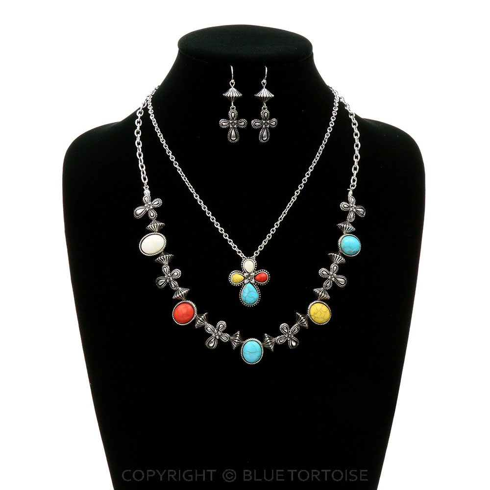 Western Semi Stone with Cross Necklace Set - Image 2