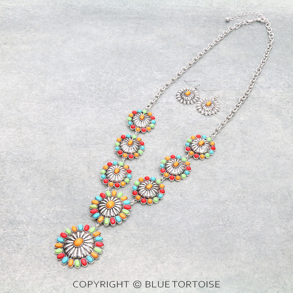 Western Hand Craft Stone Concho Necklace Set