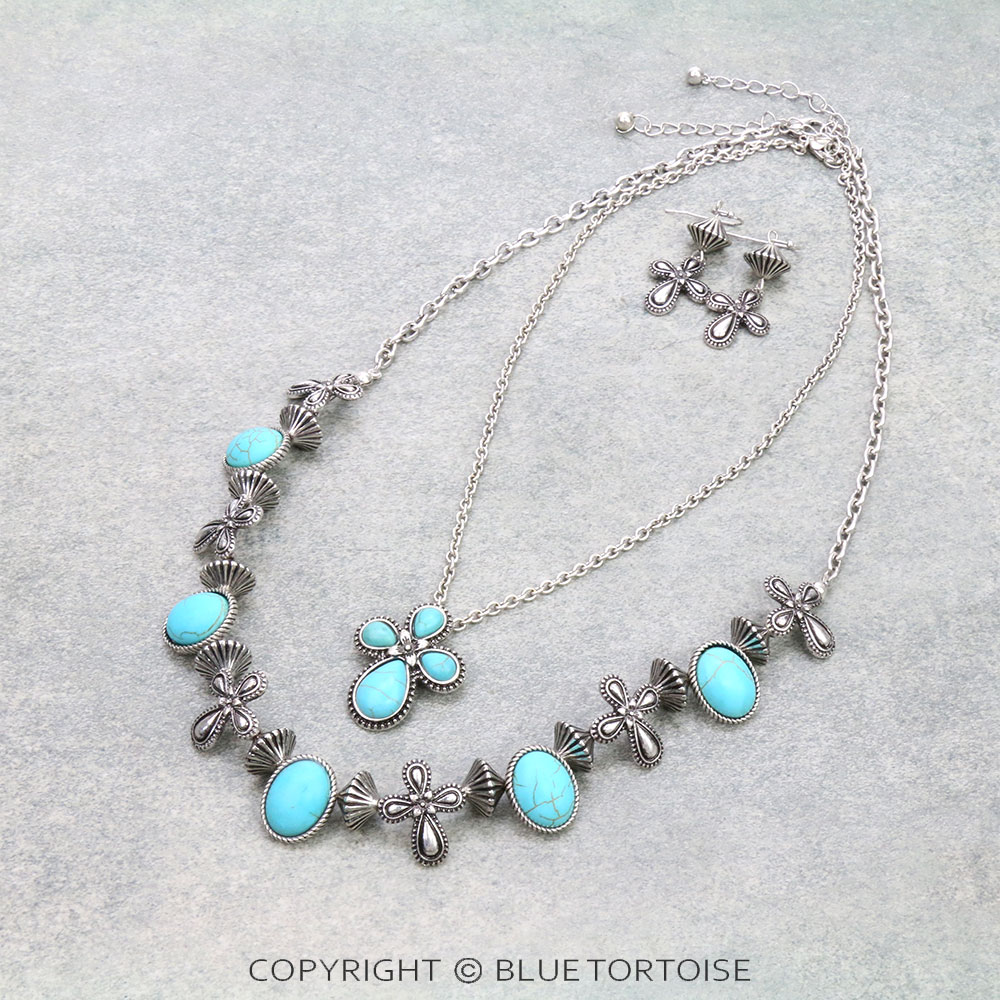 Western Semi Stone with Cross Necklace Set