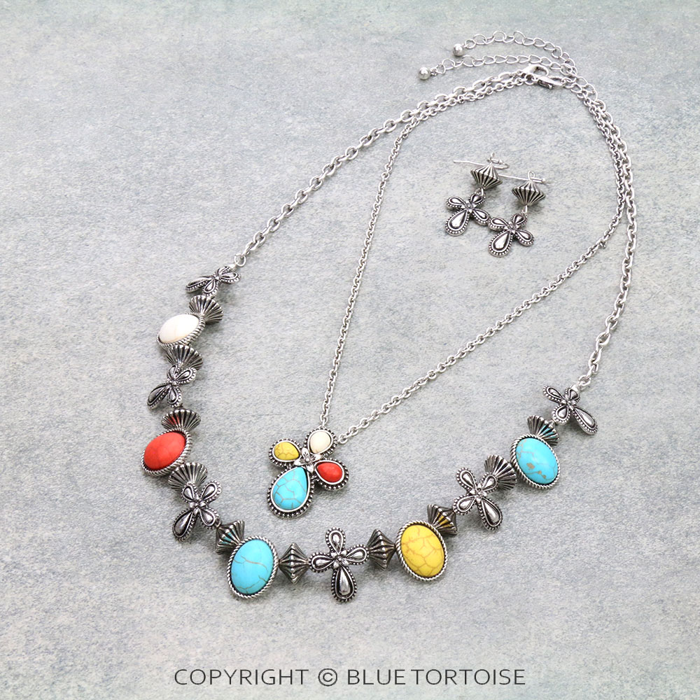 Western Semi Stone with Cross Necklace Set