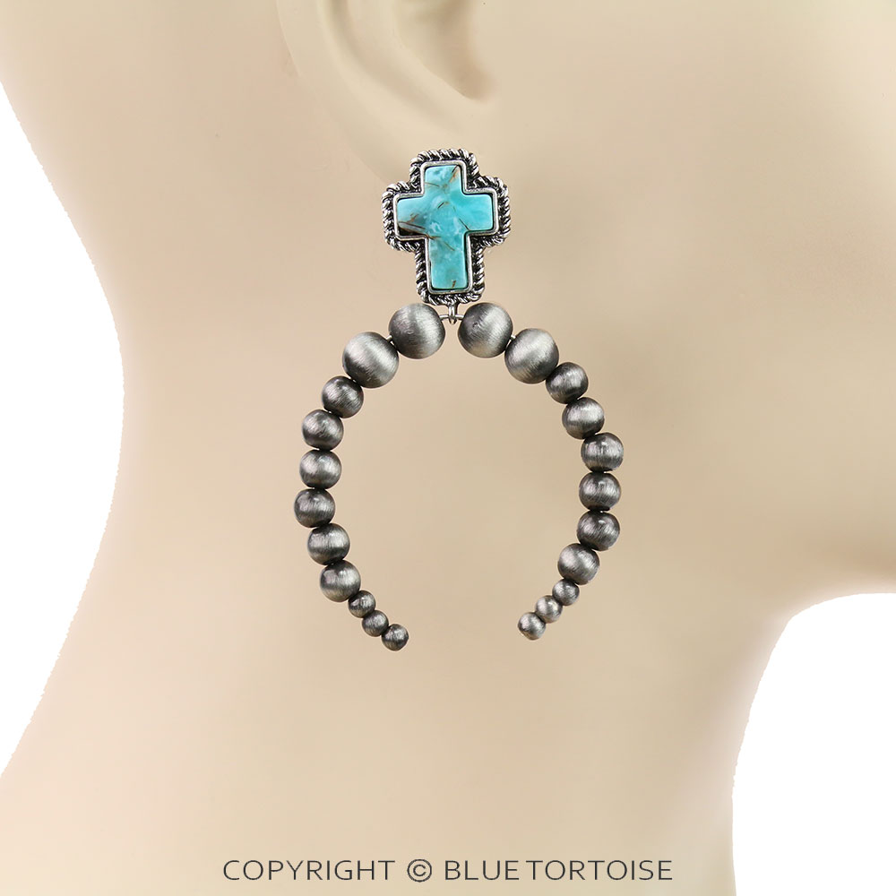 Western Navajo Style Pearl with Cross Stone Stud Earrings - Image 2