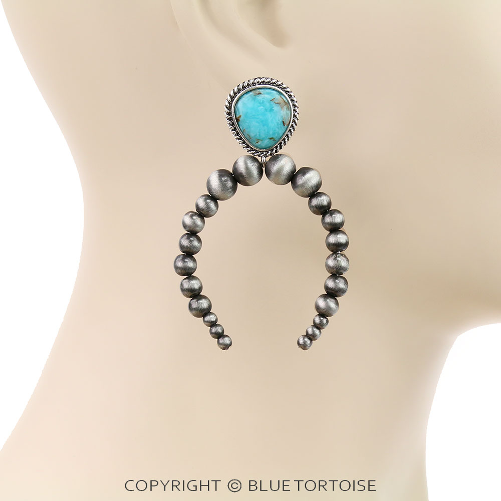 Western Navajo Style Pearl with Geometric Stone Stud Earrings - Image 2