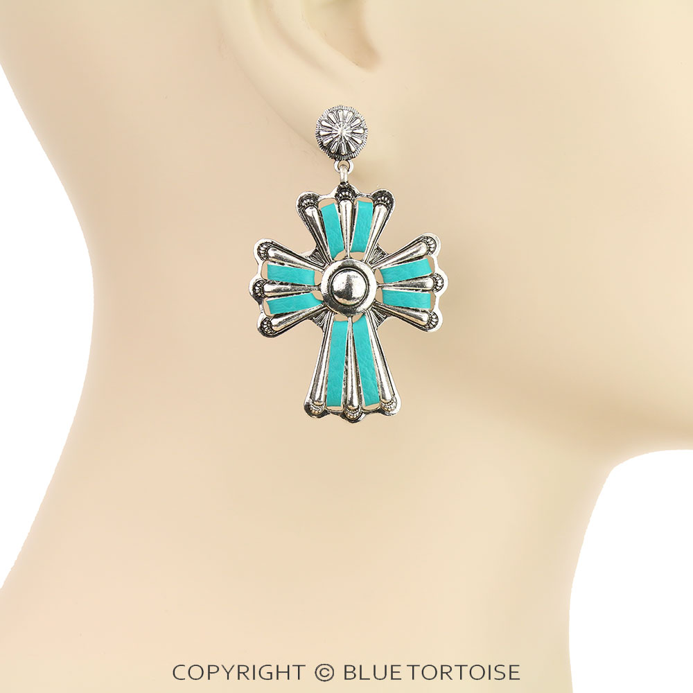 Metal Cross with Synthetic Leather Stud Earrings - Image 2