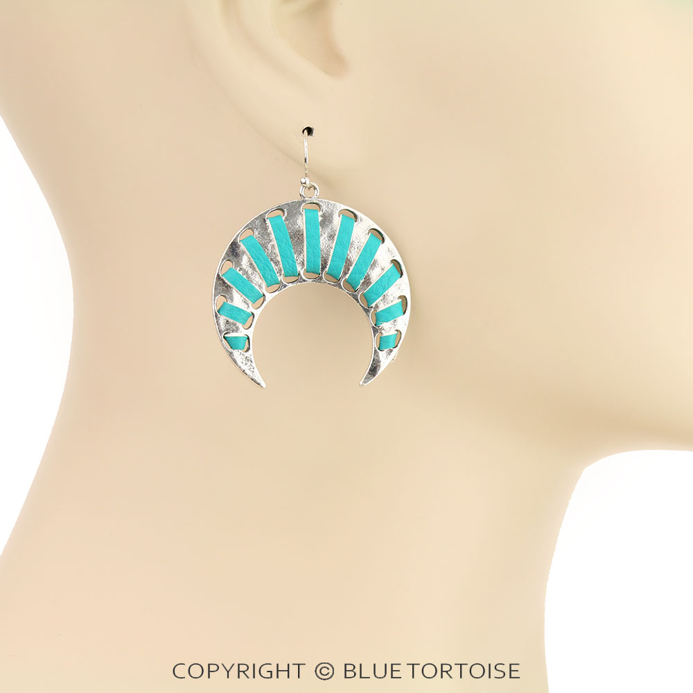 Metal Squash Blossom with Synthetic Leather Dangle Earrings - Image 2