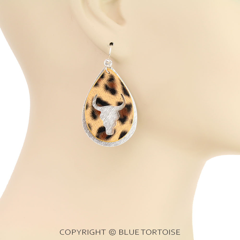 Synthetic Leather Steer Head with Metal Teardrop Dangle Earrings - Image 2