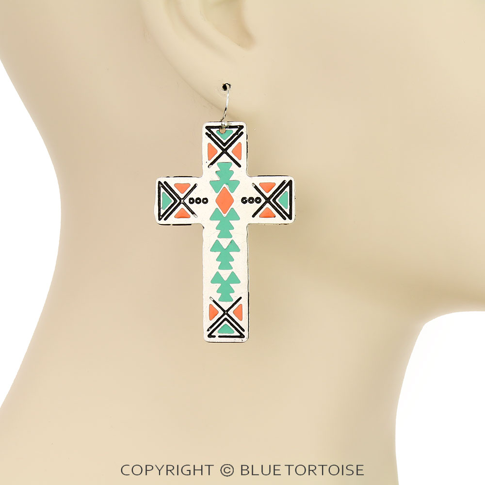Western Aztec Pattern Cross Dangle Earrings - Image 2