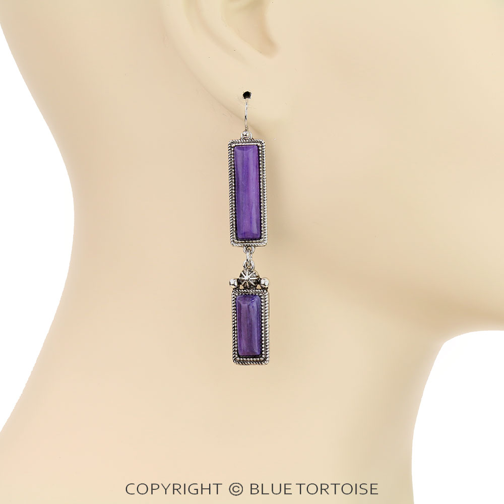 Western Hand Craft Stone Rectangle Dangle Earrings - Image 2