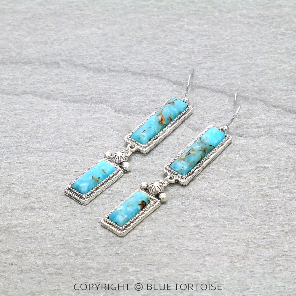 Western Hand Craft Stone Rectangle Dangle Earrings