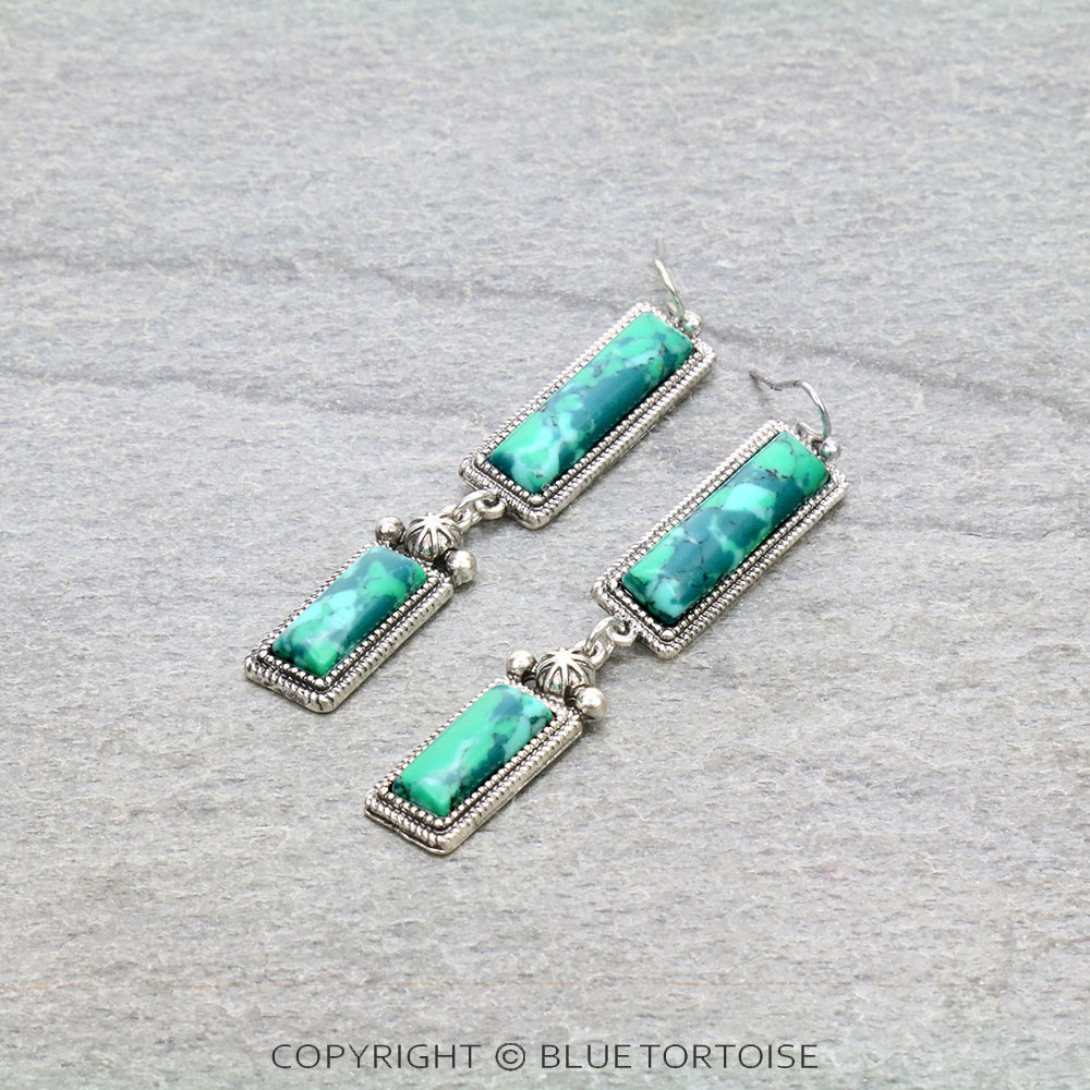 Western Hand Craft Stone Rectangle Dangle Earrings