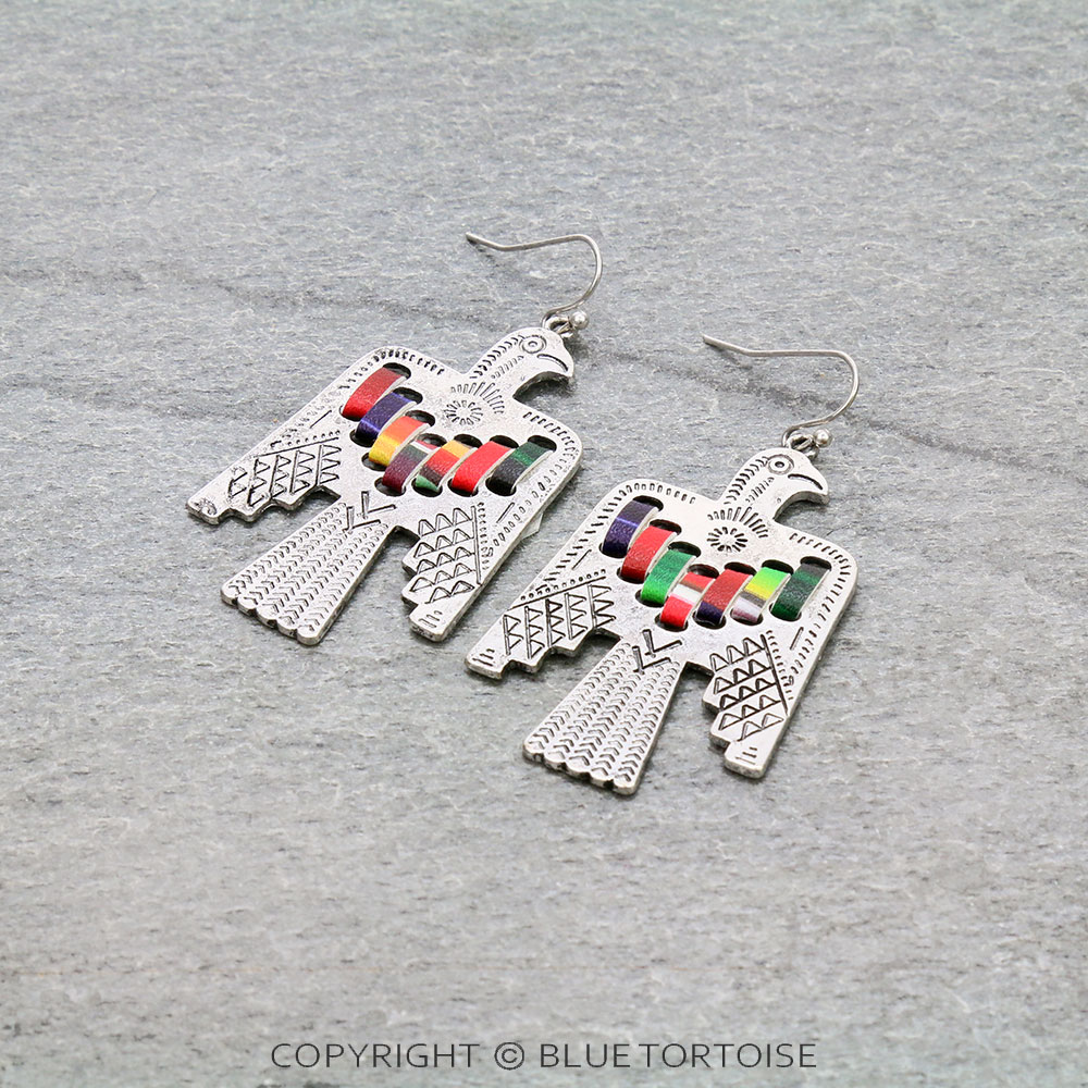 Metal Thunderbird with Synthetic Leather Dangle Earrings