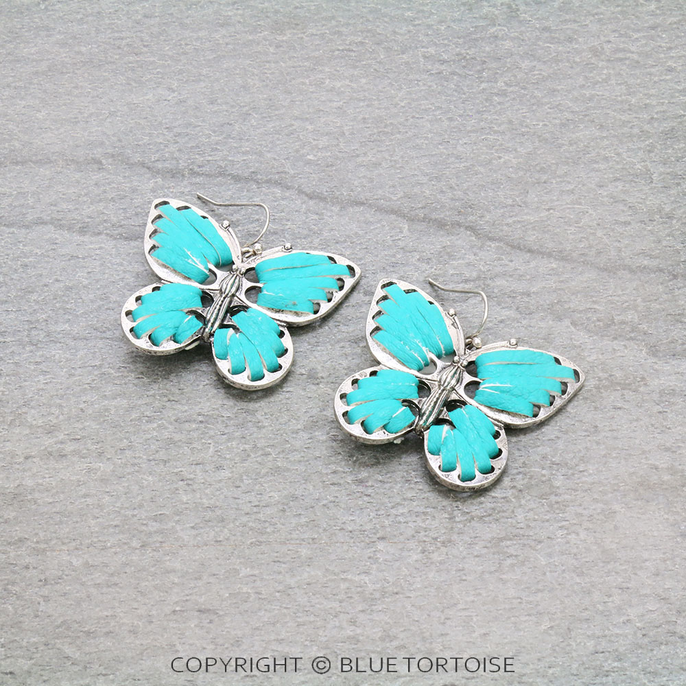 Metal Butterfly with Synthetic Leather Dangle Earrings