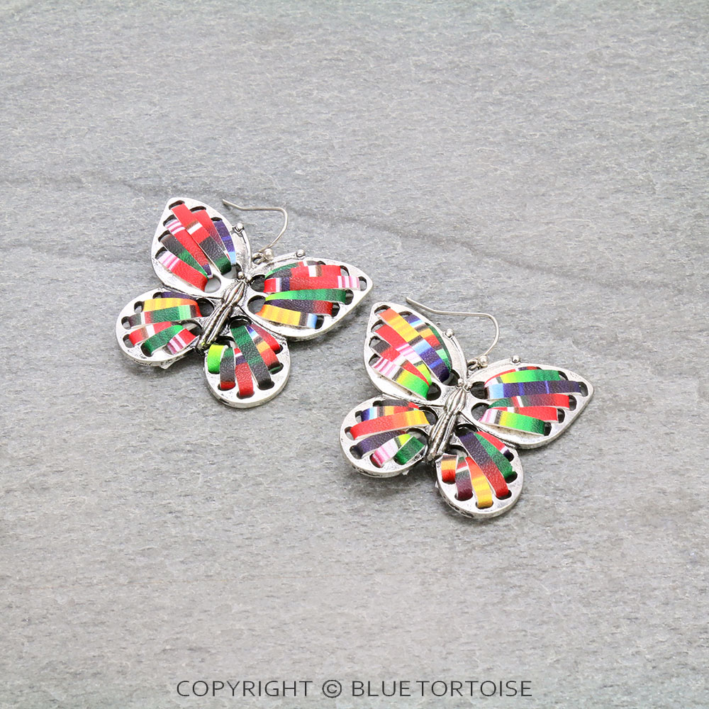 Metal Butterfly with Synthetic Leather Dangle Earrings