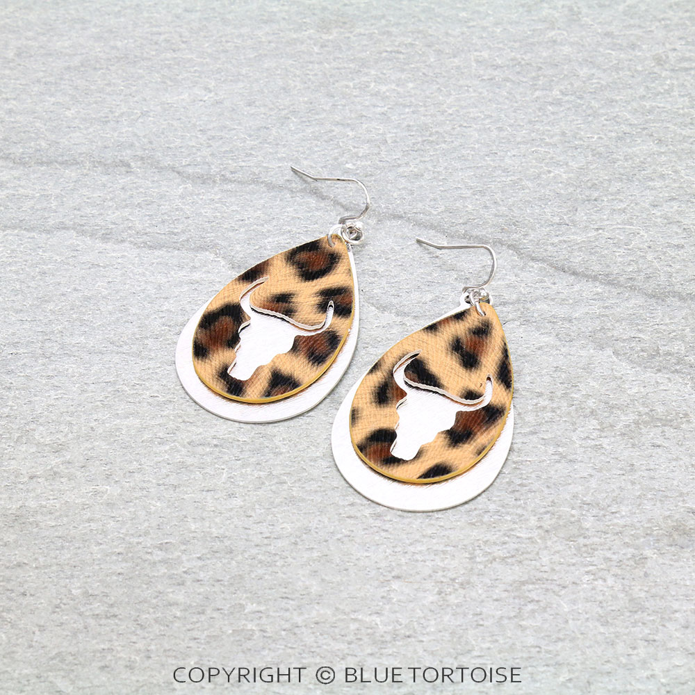 Synthetic Leather Steer Head with Metal Teardrop Dangle Earrings