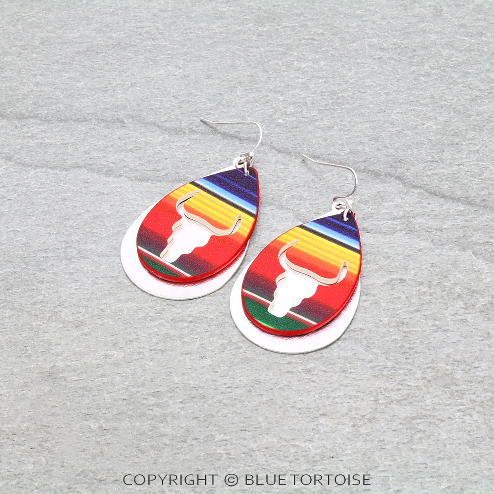 Synthetic Leather Steer Head with Metal Teardrop Dangle Earrings