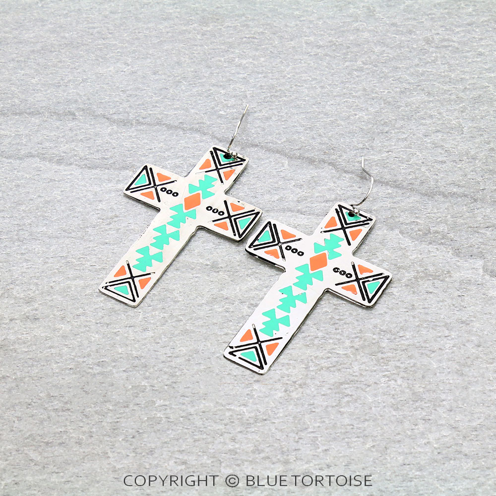 Western Aztec Pattern Cross Dangle Earrings