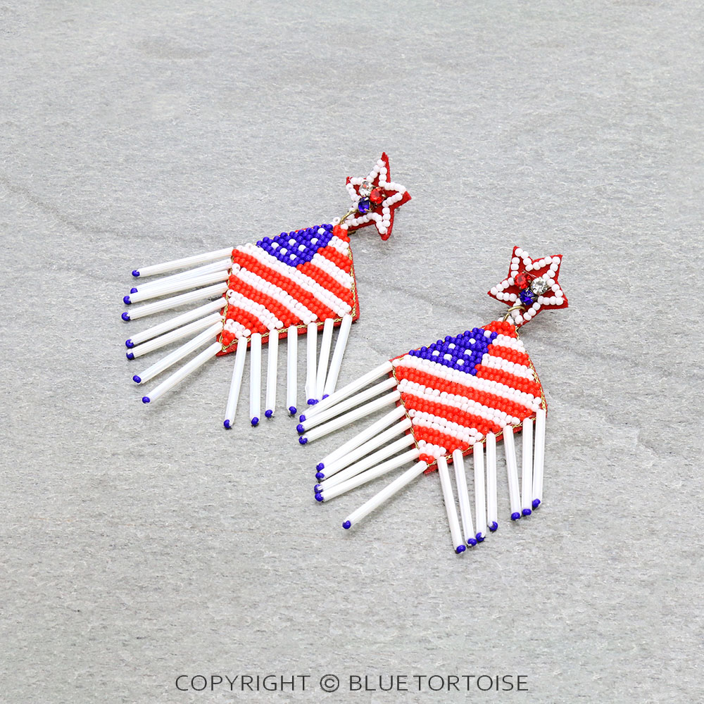 4.25" USA Flag Seed Bead Stud Earrings